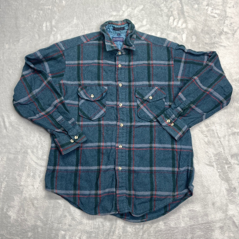 Van Heusen Winterweights Mens Large Blue Green Plaid Wool Blend Flannel Shirt